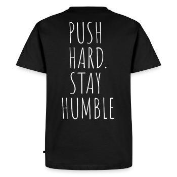 POUSSE FORT. RESTEZ HUMBLE - T-shirt Premium bio Homme - noir - Dos - Nico (187cm)