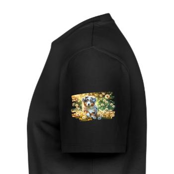 Chiot australien Shephe joueur sur une prairie de pissenlit - T-shirt Premium bio Homme - noir - Gauche - Nico (187cm)