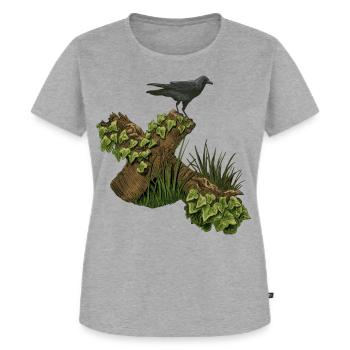Krähe auf Holzkreuz, efeu - Frauen Premium Bio T-Shirt - Grau meliert - Vorne - AI Model Female 172 dark (172cm)