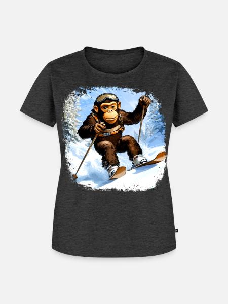 Affen Ski / Skifahrer Affe - Frauen Premium Bio T-Shirt - Anthrazit meliert