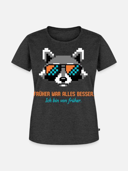 Waschbär Pixel Art Retro Nostalgie - Frauen Premium Bio T-Shirt - Anthrazit meliert