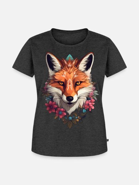 Fuchs mit Blumen - Frauen Premium Bio T-Shirt - Anthrazit meliert
