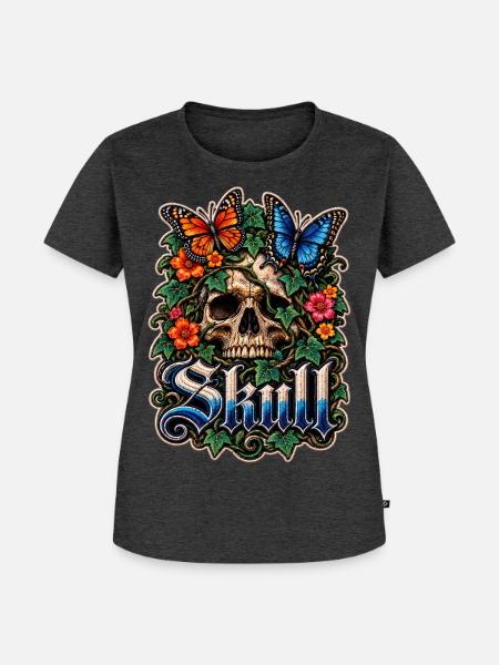 Blumen-Schädel mit Schmetterlingen - Frauen Premium Bio T-Shirt - Anthrazit meliert