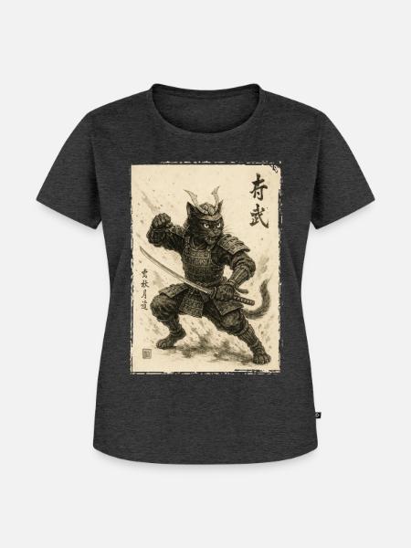 Samurai Katze, Japanischer Krieger & Kämpfer - Frauen Premium Bio T-Shirt - Anthrazit meliert
