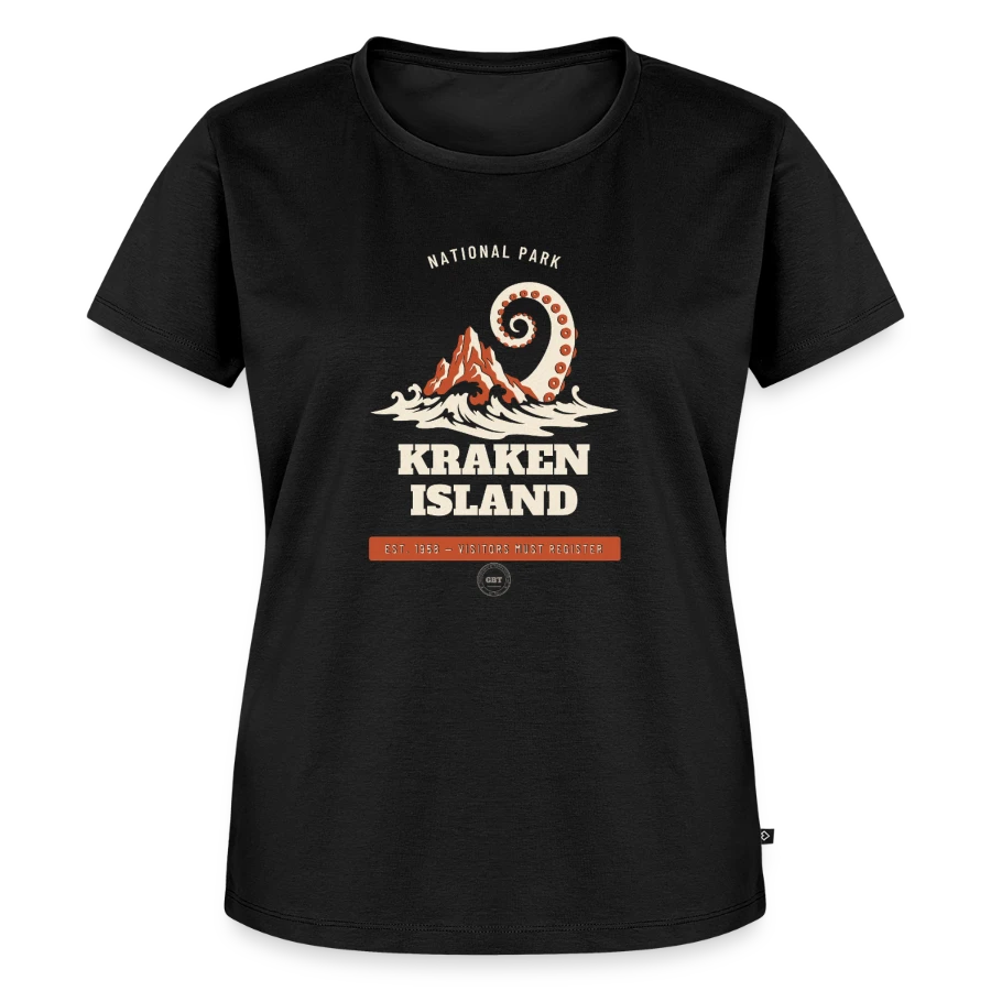 Kraken Island badge on a women's premium organic t-shirt, black, front