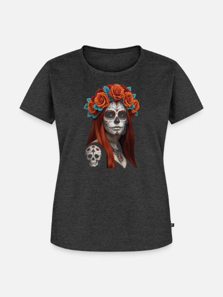 Blumen Zucker Schädel Porträt - Frauen Premium Bio T-Shirt - Anthrazit meliert