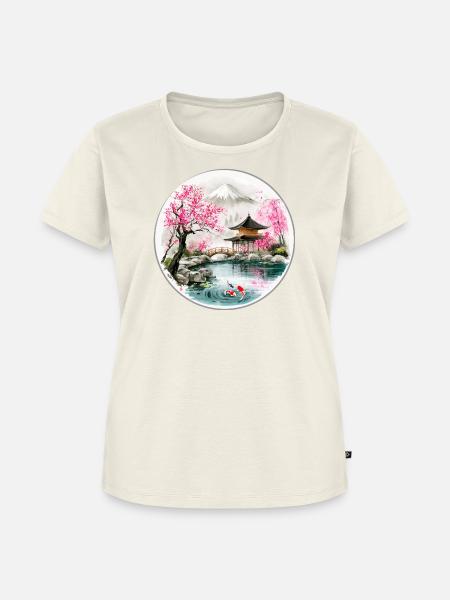 Japanischer Teich im Kirschblüten-Pavillon - Frauen Premium Bio T-Shirt - Naturweiß