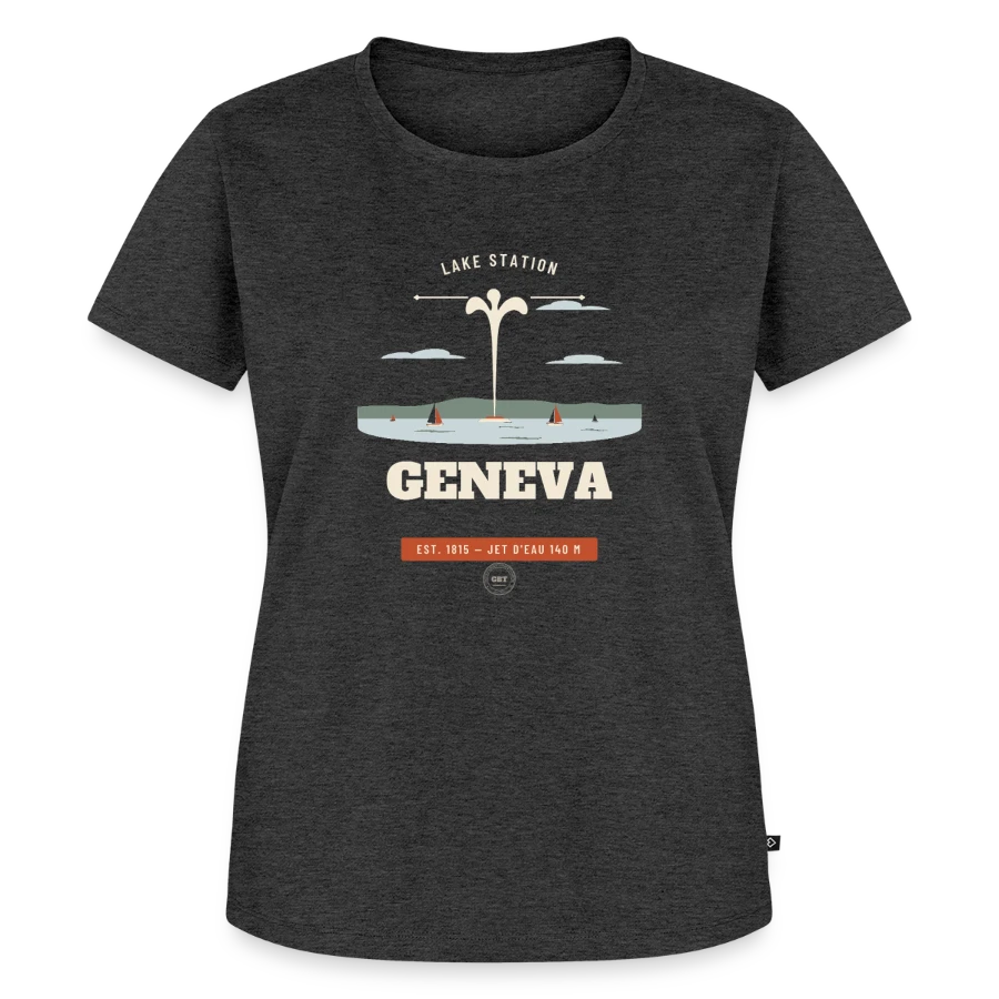 Geneva badge on a women's premium organic t-shirt, heather anthracite