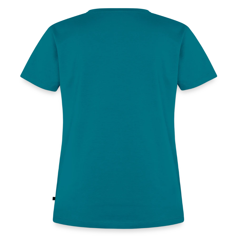 Salt Harbour badge on a women's premium organic t-shirt, petrol, back