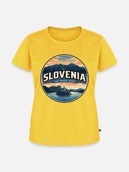 Retro-Slowenien-Lake Bled-Abzeichen - Frauen Premium Bio T-Shirt - Sonnengelb