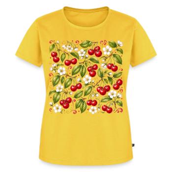 Kirschen Muster Botanisch Sommer Garten Früchte - Frauen Premium Bio T-Shirt - Sonnengelb - Vorne - AI Model Female 172 dark (172cm)