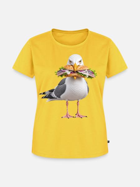 Silbermoewe-mit-Fischbroetchen Möwe - Frauen Premium Bio T-Shirt - Sonnengelb