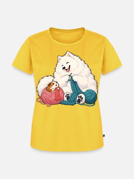 Samojede und Meerschweinchen beim Stricken - Frauen Premium Bio T-Shirt - Sonnengelb