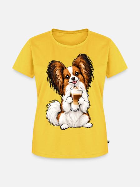 Schmetterlingshund Papillon mit Latte Macchiato - Frauen Premium Bio T-Shirt - Sonnengelb