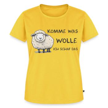 Komme was wolle ich Schaf das Schaf Wolle - Frauen Premium Bio T-Shirt - Sonnengelb - Vorne - AI Model Female 172 dark (172cm)