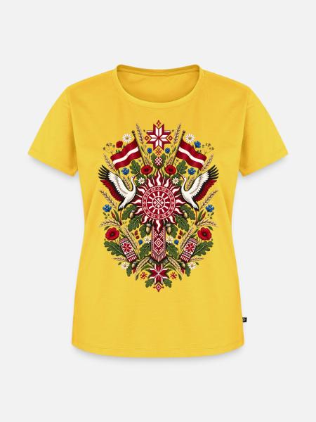 Lettland | Volkskunst, Störche & Eichen - Frauen Premium Bio T-Shirt - Sonnengelb