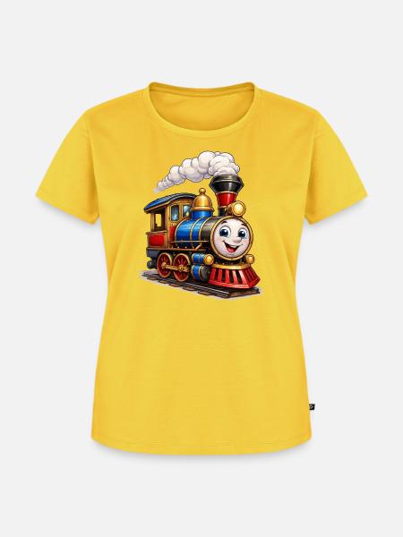Fröhliche Cartoon-Dampflok mit Gesicht - Frauen Premium Bio T-Shirt - Sonnengelb