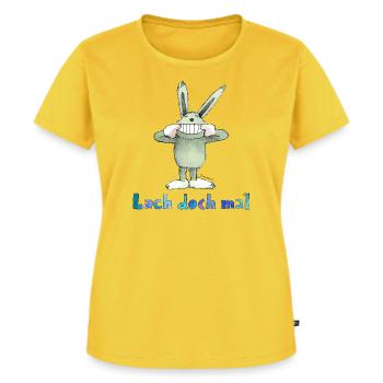 Janosch Spruch Lach Doch Mal Mit Hase Baldrian - Frauen Premium Bio T-Shirt - Sonnengelb - Vorne - AI Model Female 172 dark (172cm)