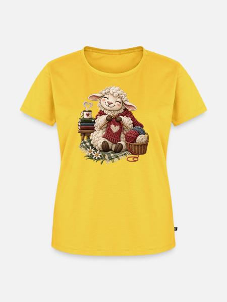 Schaf beim Stricken  - Frauen Premium Bio T-Shirt - Sonnengelb