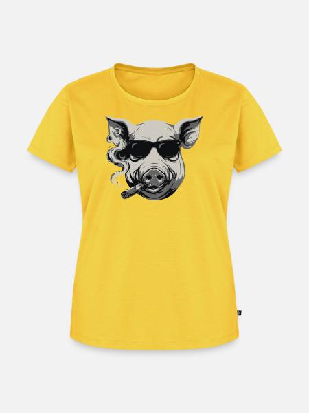 Rauchendes Schwein mit Sonnenbrille - Frauen Premium Bio T-Shirt - Sonnengelb