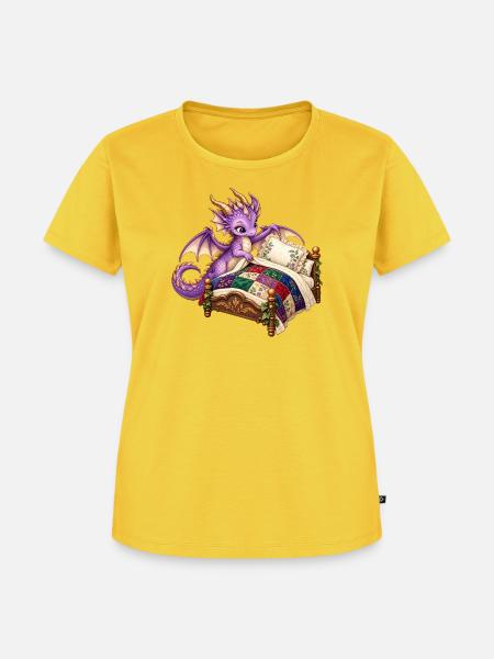 Lila Drache auf Quiltbett - Frauen Premium Bio T-Shirt - Sonnengelb