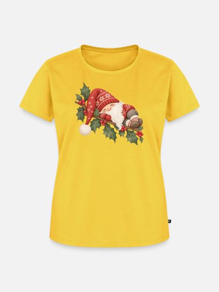 Schlafender Weihnachtswichtel auf Stechpalme - Frauen Premium Bio T-Shirt - Sonnengelb