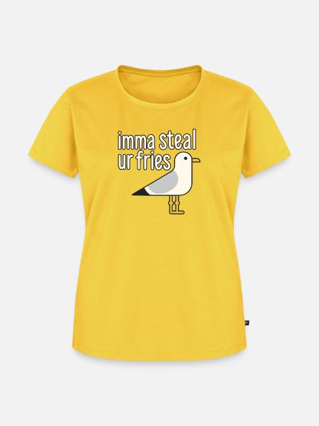 Möwe auf Pommesmission - Frauen Premium Bio T-Shirt - Sonnengelb