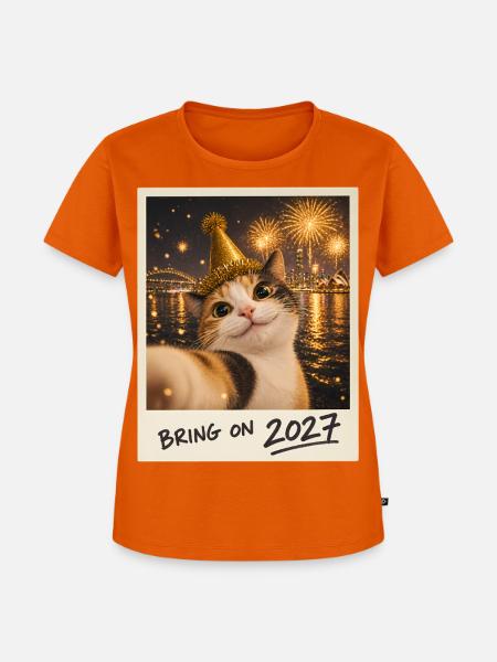 Bring On 2027 Glückskatze Selfie Silvester - Frauen Premium Bio T-Shirt - Orange 