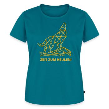 Bronko55 No.77 – Wolf „Zeit zum Heulen“ - Frauen Premium Bio T-Shirt - Petrol - Vorne - AI Model Female 172 dark (172cm)