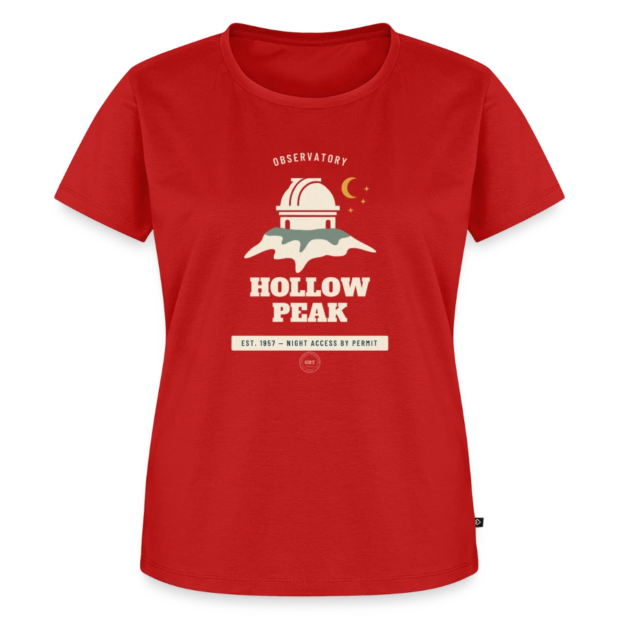 Hollow Peak badge on a women's premium organic t-shirt, red, front