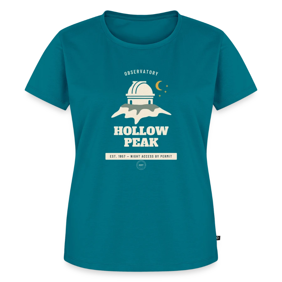 Hollow Peak badge on a women's premium organic t-shirt, petrol, front