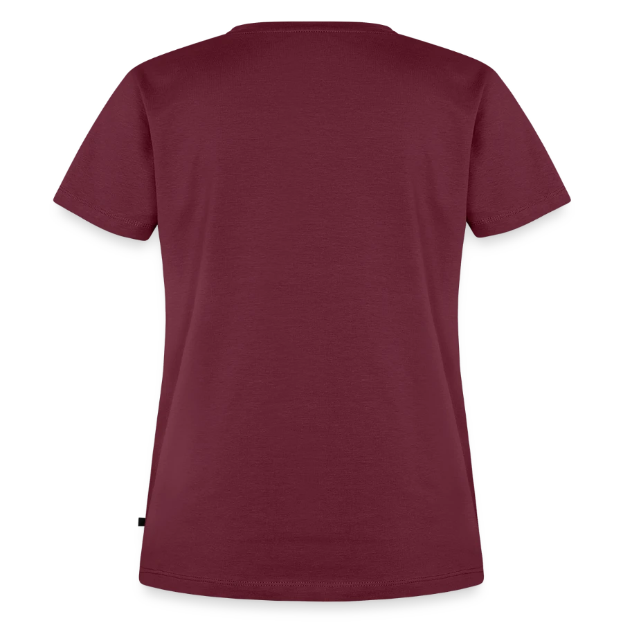 Hollow Peak badge on a women's premium organic t-shirt, burgundy, back
