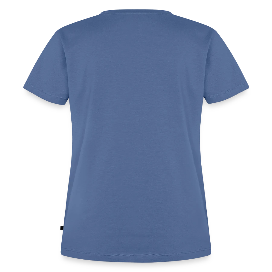 Hollow Peak badge on a women's premium organic t-shirt, stone blue, back