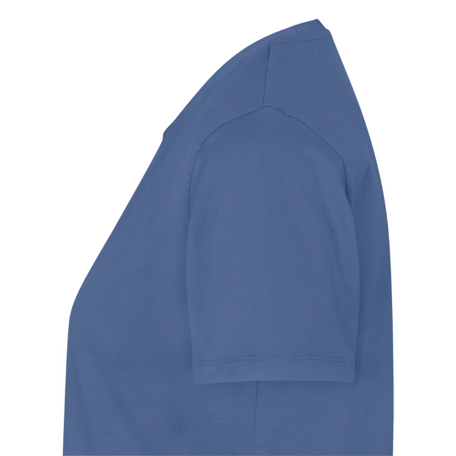 Hollow Peak badge on a women's premium organic t-shirt, stone blue, left