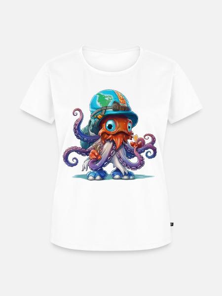Oktopus Entdecker mit Weltkartenhelm - Frauen Premium Bio T-Shirt - Weiß