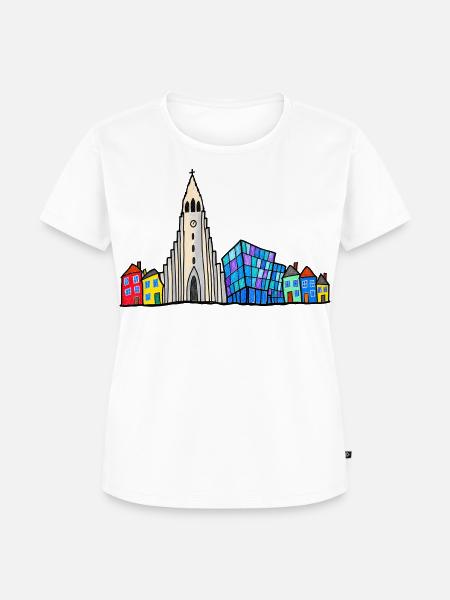 Reykjavik Skyline – Bunte Kinderzeichnung - Frauen Premium Bio T-Shirt - Weiß