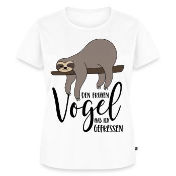 Faultier Spruch Den frühen Vogel hab ich gefressen - Frauen Premium Bio T-Shirt - Weiß - Vorne - AI Model Female 172 dark (172cm)