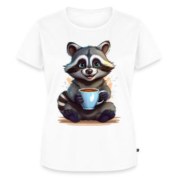 Un raton laveur heureux avec une tasse de café - T-shirt Premium bio Femme - blanc - Devant - AI Model Female 172 dark (172cm)