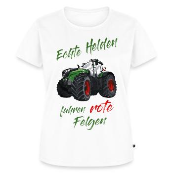 Echte Helden fahren rote Felgen! Traktor Spruch - Frauen Premium Bio T-Shirt - Weiß - Vorne - AI Model Female 172 dark (172cm)