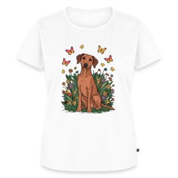 Cartoon Löwenhund mit Blumen und Schmetterlingen - Frauen Premium Bio T-Shirt - Weiß - Vorne - AI Model Female 172 dark (172cm)