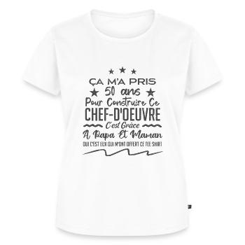 Cadeau anniversaire 50 ans humour merci papa maman - T-shirt Premium bio Femme - blanc - Devant - AI Model Female 172 dark (172cm)