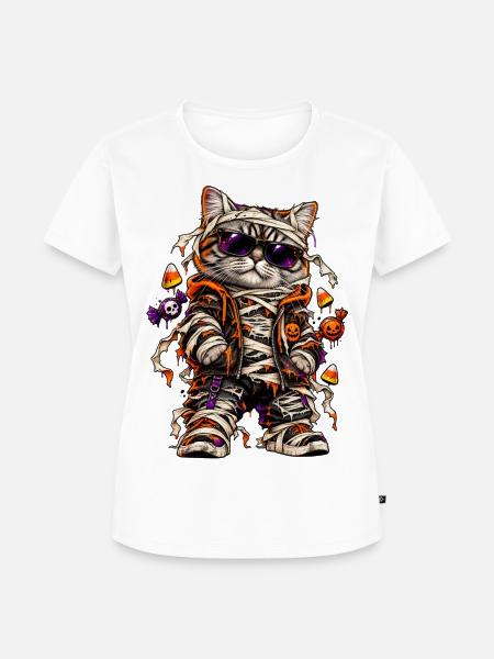 Halloween Mumienkatze mit Süßkram - Frauen Premium Bio T-Shirt - Weiß