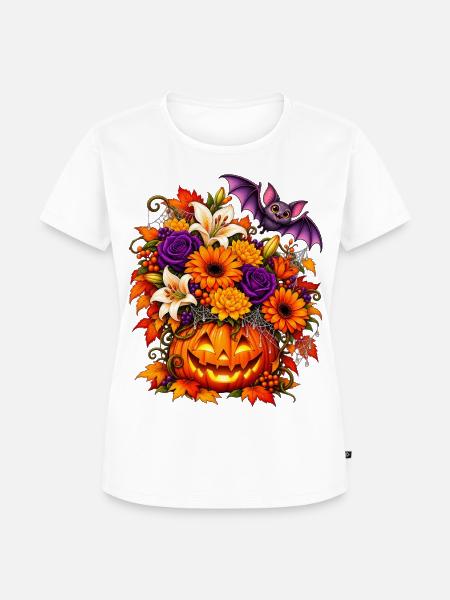 Halloween Kürbis mit Herbstblumen & Fledermaus - Frauen Premium Bio T-Shirt - Weiß