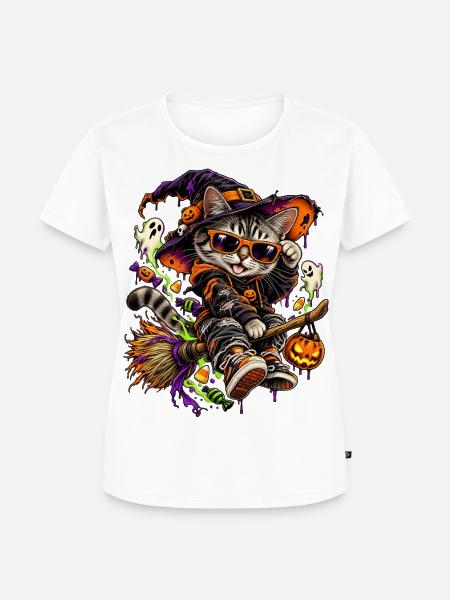 Halloween Hexenkatze auf Besen - Frauen Premium Bio T-Shirt - Weiß