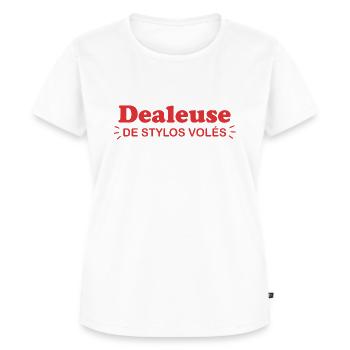 Dealeuse de stylos volés - Cadeau humour infirmier - T-shirt Premium bio Femme - blanc - Devant - AI Model Female 172 dark (172cm)