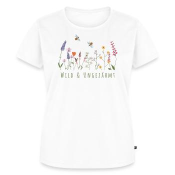Wild & Ungezähmt | Blumenwiese Bienen Tiere Spruch - Frauen Premium Bio T-Shirt - Weiß - Vorne - AI Model Female 172 dark (172cm)