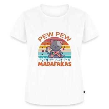 Pew Pew Funny Cat - Frauen Premium Bio T-Shirt - Weiß - Vorne - AI Model Female 172 dark (172cm)
