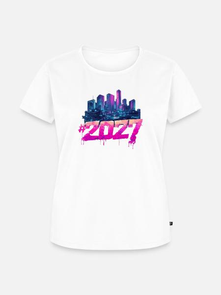 Cyberpunk Skyline 2027 Neon Graffiti - Frauen Premium Bio T-Shirt - Weiß