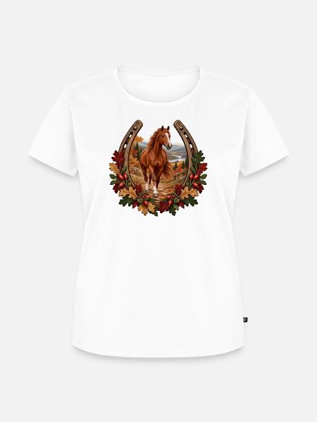 Pferd auf herbstlichem Bergpfad - Frauen Premium Bio T-Shirt - Weiß
