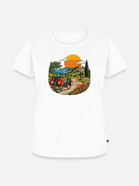 Sonnenuntergangs Radreise am Meer - Frauen Premium Bio T-Shirt - Weiß